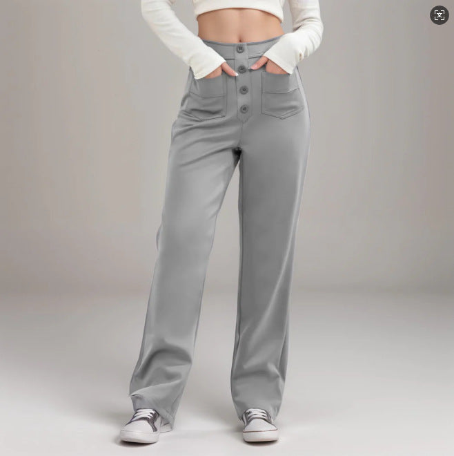 Fashion Casual Straight High Belt Buckle Elastic Pants
