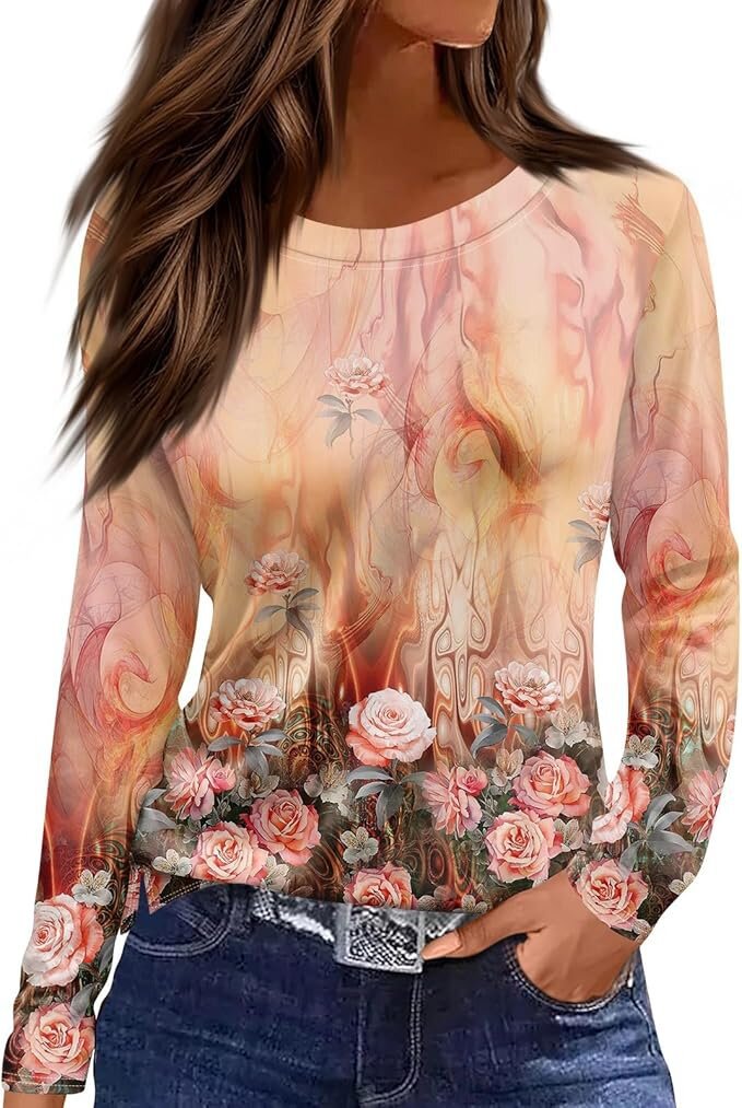 Women's Round Neck Printed Solid Color Long Blouses
