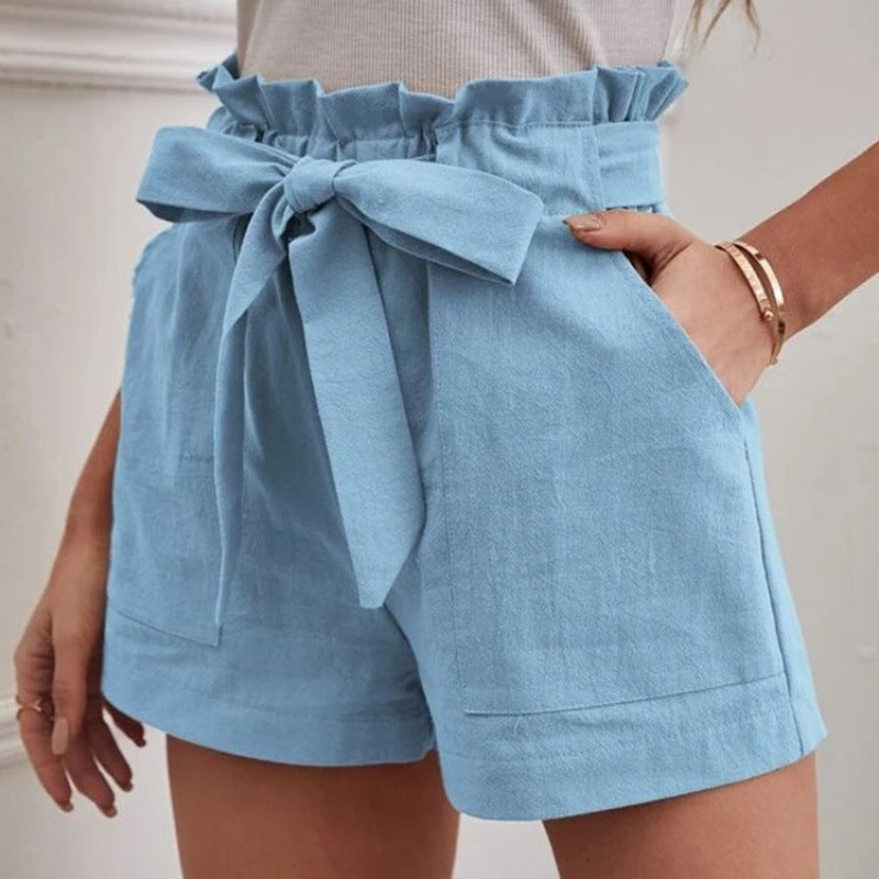 Women's Linen Leisure Pocket Solid Color Waist Shorts