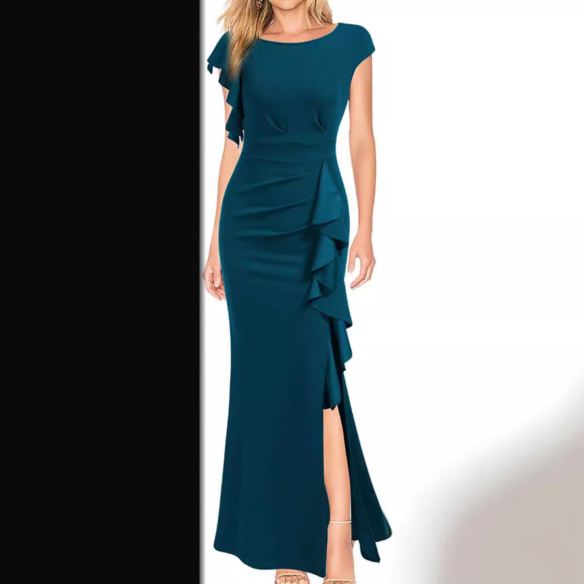 Women's Waist Slit Dress Elegant Fashion Round Neck Dresses