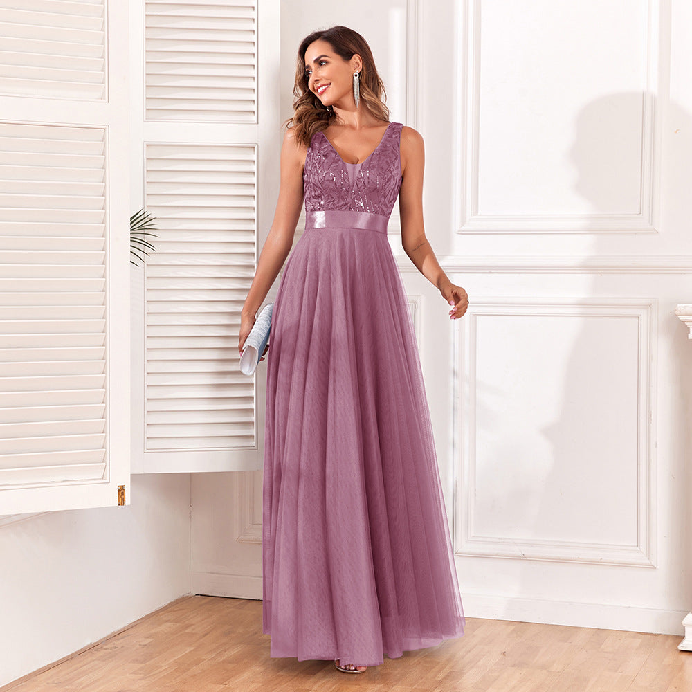 Sleeveless Double Dress Tulle Embroidery Long Evening Dresses