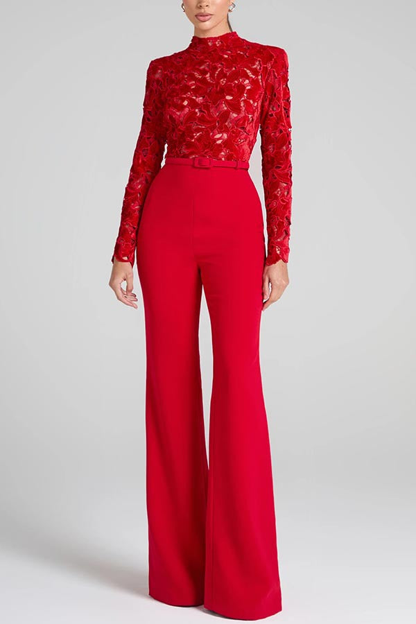 Sleeve Belt One-piece Bell-bottom Casual Loose Jumpsuits
