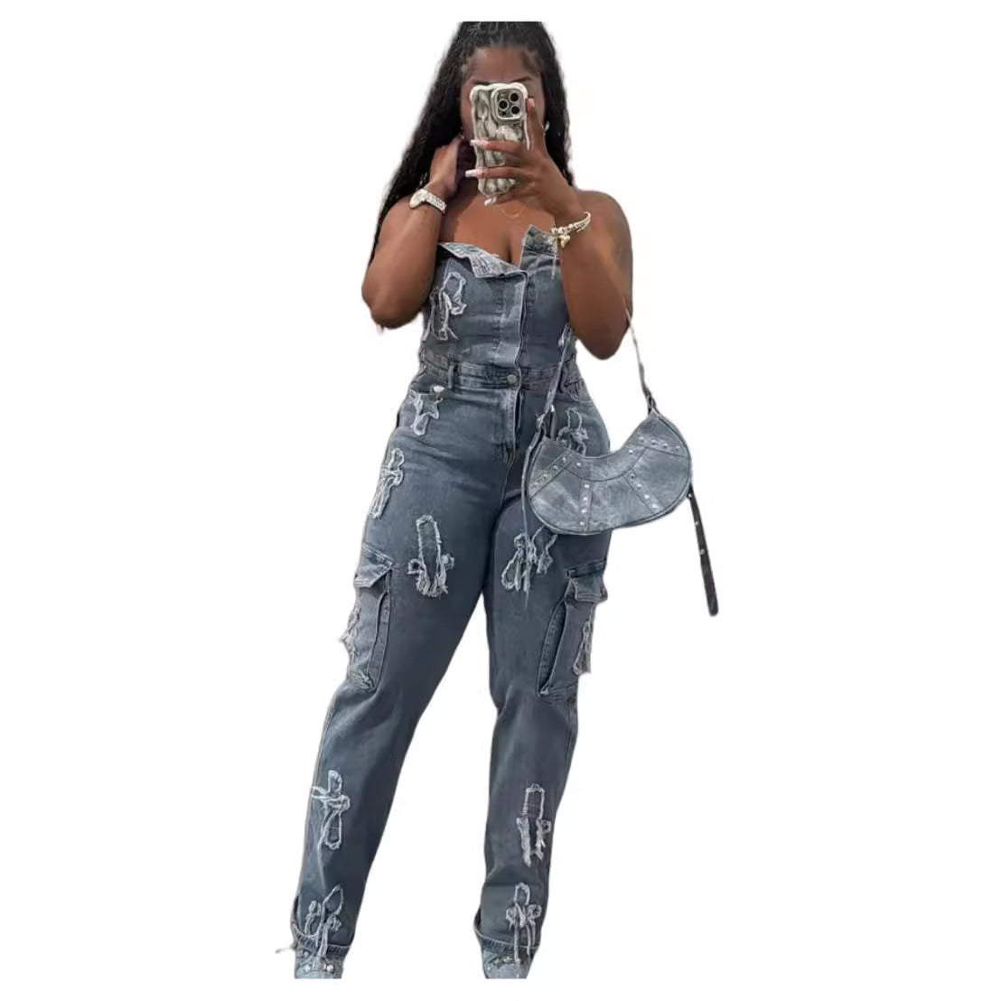 Tube Embroidered One-piece Trousers Cross Elastic Jumpsuits