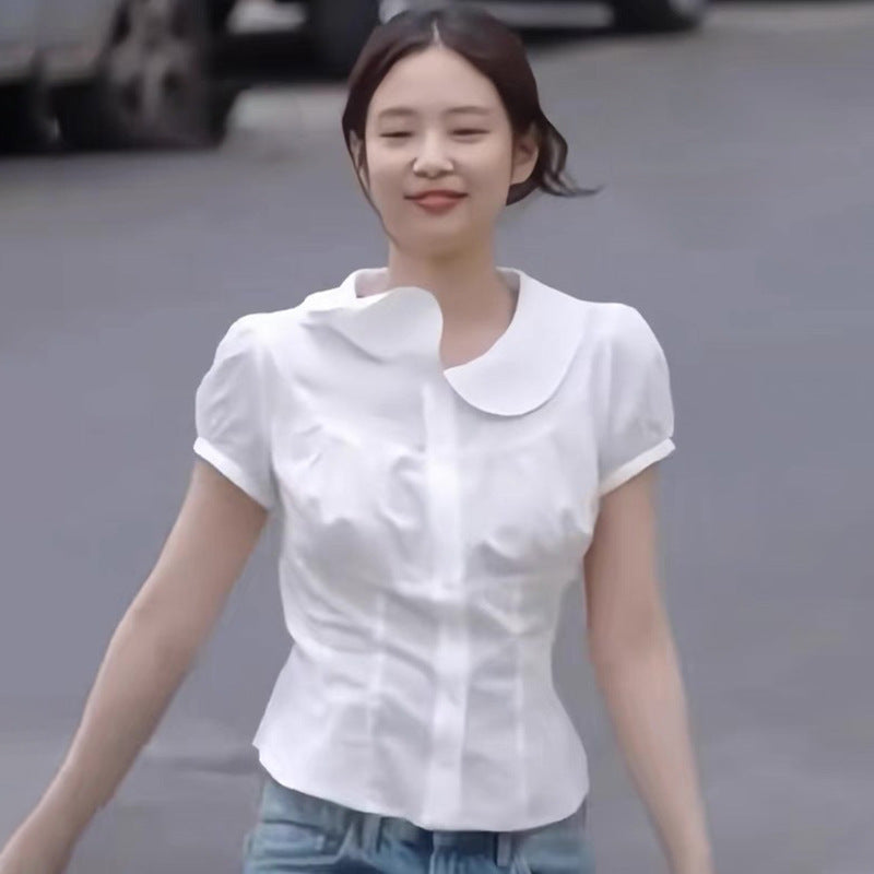 Women's Organ Pleated Solid Color Collar Short-sleeved Blouses