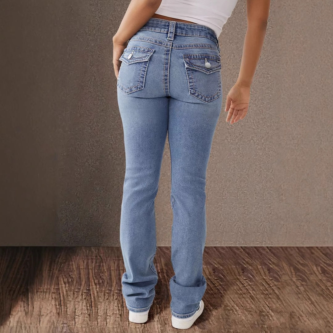 Women's Spring Double Button Straight Elegant Trousers Jeans