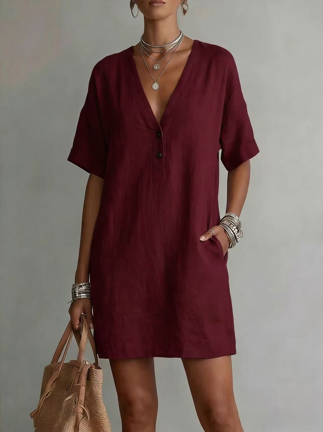 Summer Casual Comfortable Button Cotton Linen Dress