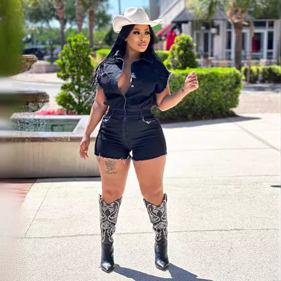 Women's Sexy Sleeve Stretch Denim One-piece Summer Jumpsuits