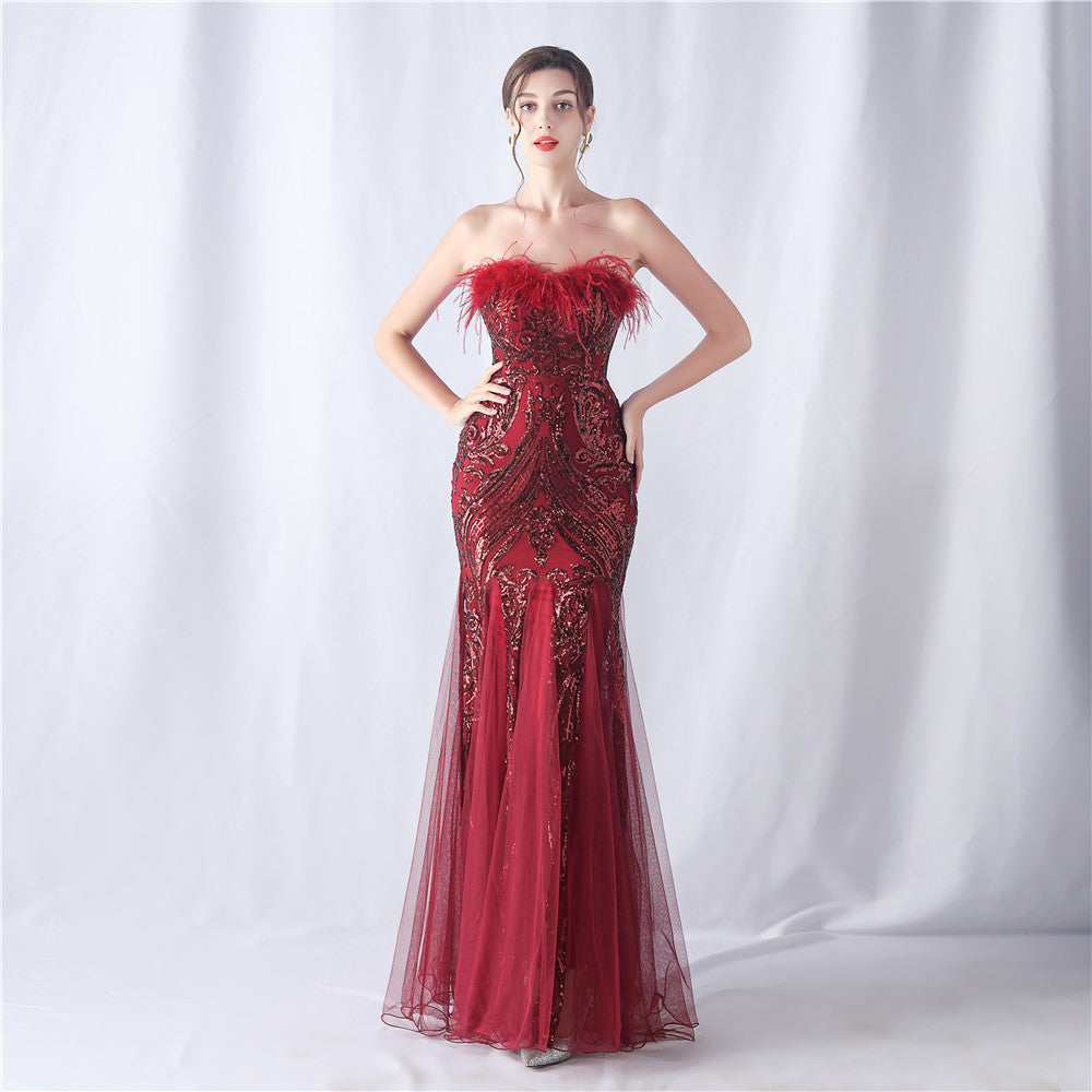 Ostrich Feather Positioning Flower Cutting Tube Evening Dresses