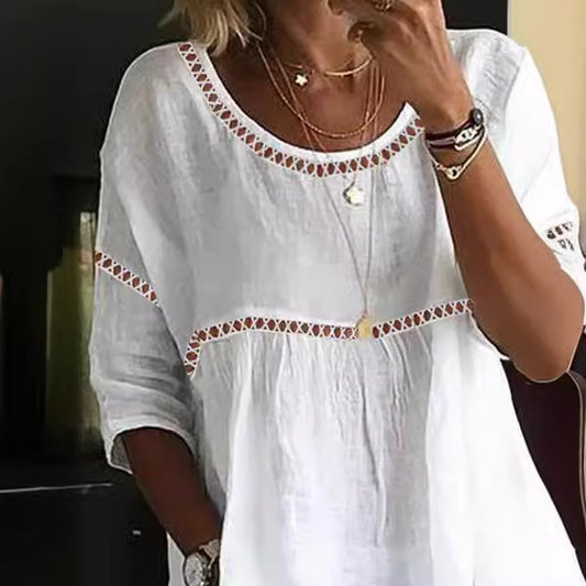 Women's Round Neck Hollowed Leisure Lace Patchwork Blouses