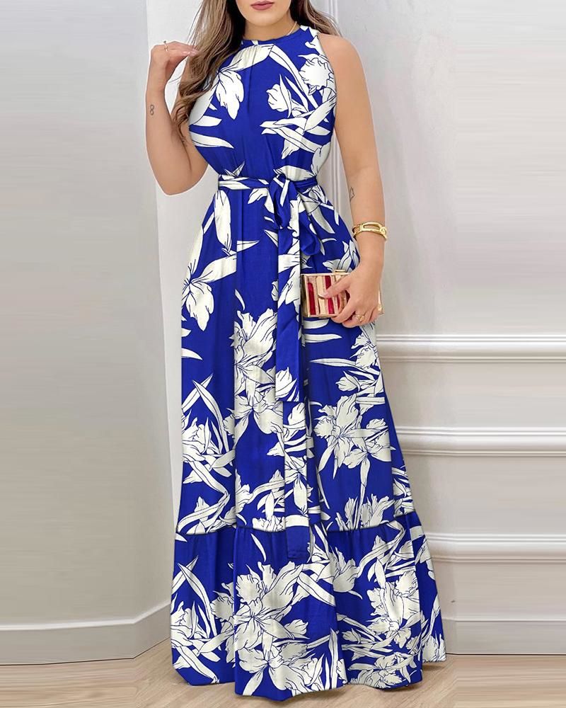 Women's Summer Halter Printed Ruffled Dress Dresses