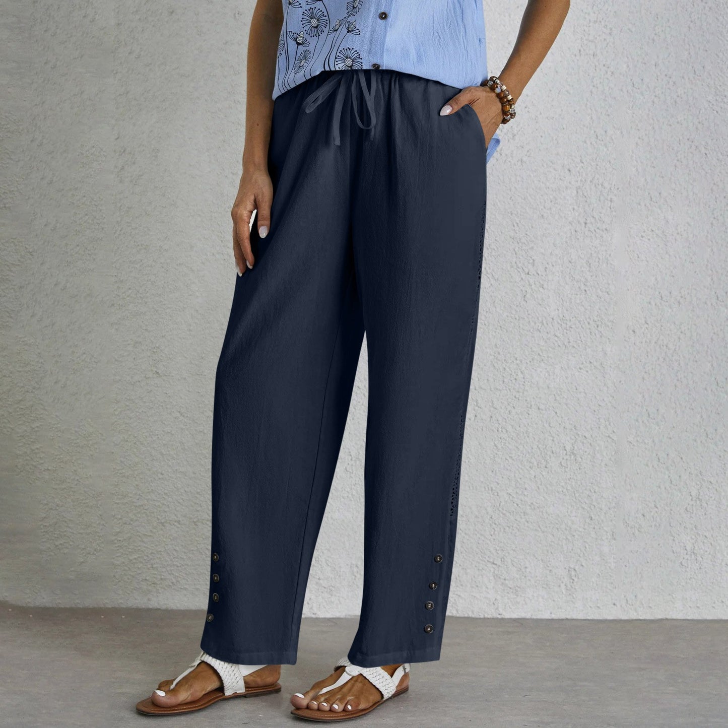 Women's Cotton Linen Drawstring Pocket Lace Button Pants
