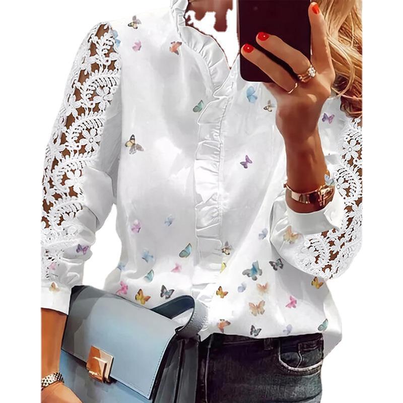 Women's Spring Long Sleeve Solid Color Lace Blouses