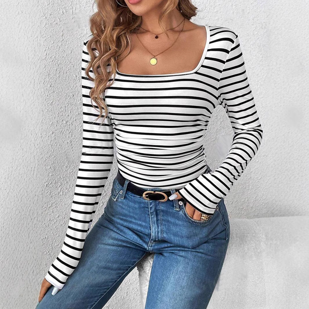 Women's Striped Slim Fit Slimming Knitted Bottoming Shirt Inner Tops