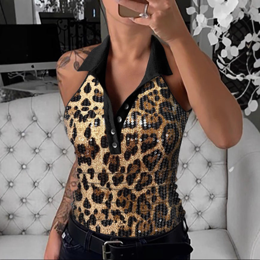 Women's Sexy V Lapel Button Sequined Sleeveless Tops