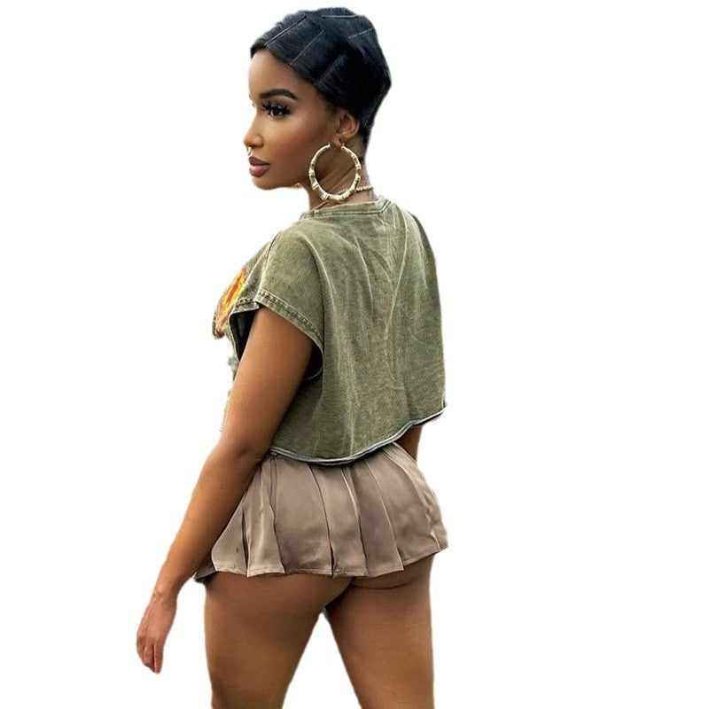 Neck Printed Sleeveless T-shirt Female Hot Shorts