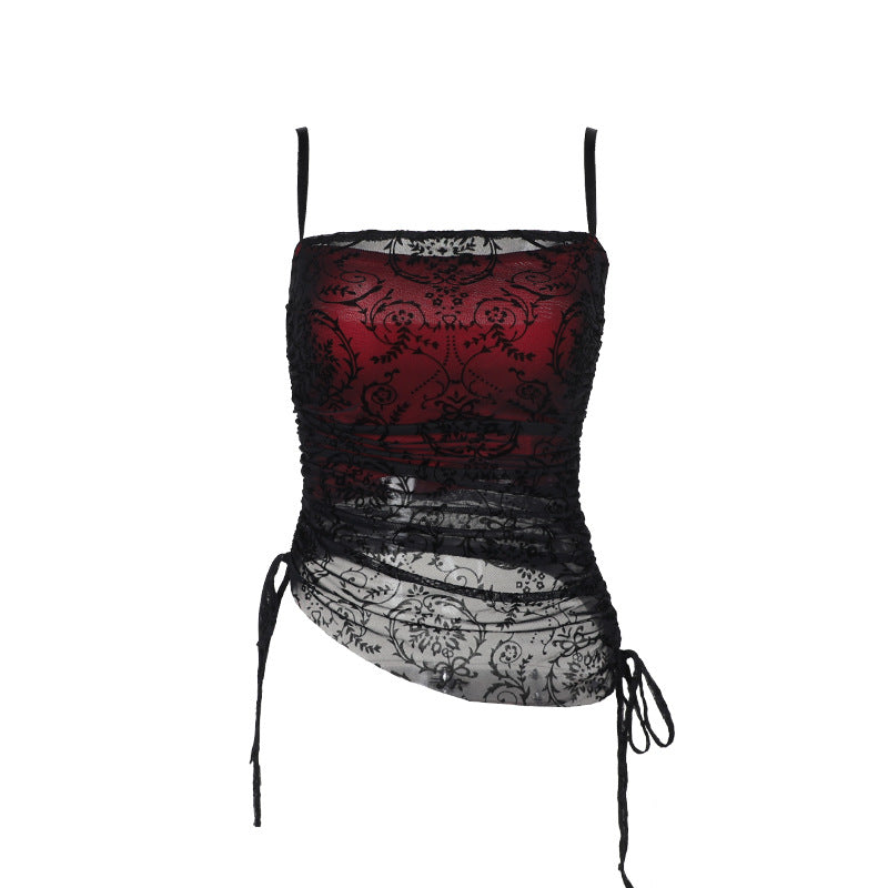 Women's Flocking Strap Tube Elegant Lace Bell-bottom Asymmetric Tops