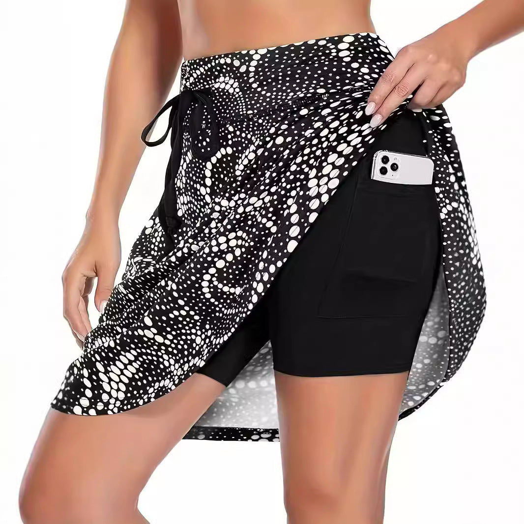 Women's Fashion Casual Printing Pocket Fake Two-piece Skirts