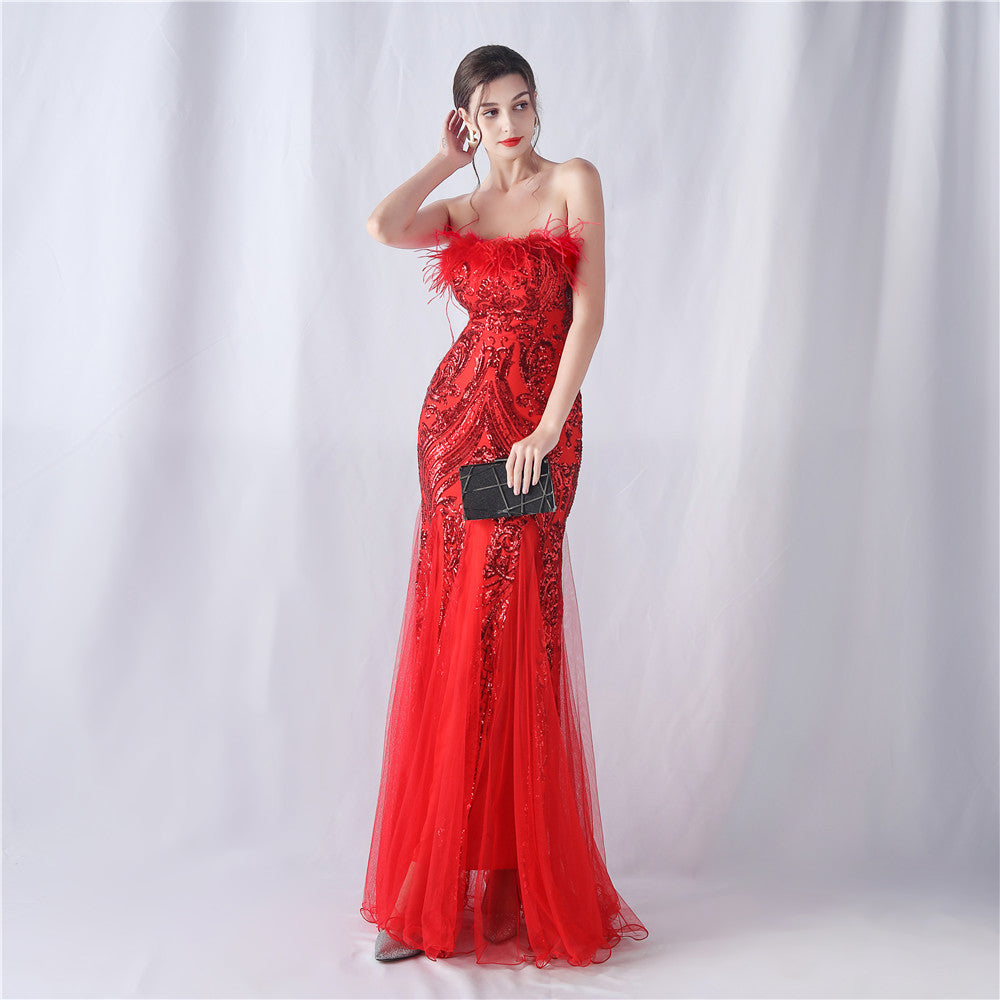 Ostrich Feather Positioning Flower Cutting Tube Evening Dresses