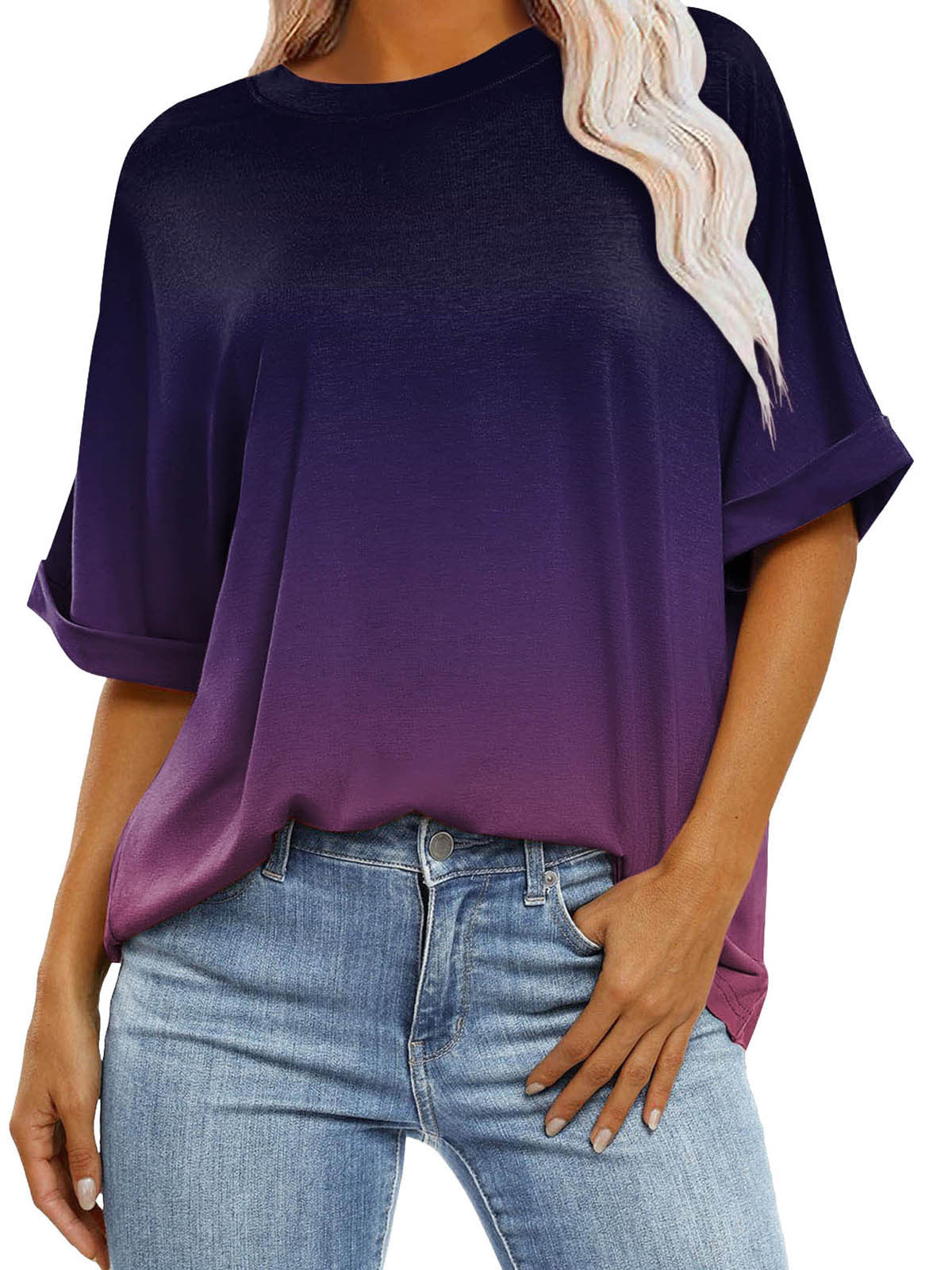 Women's Gradient Color Sleeve Casual Round Neck Blouses