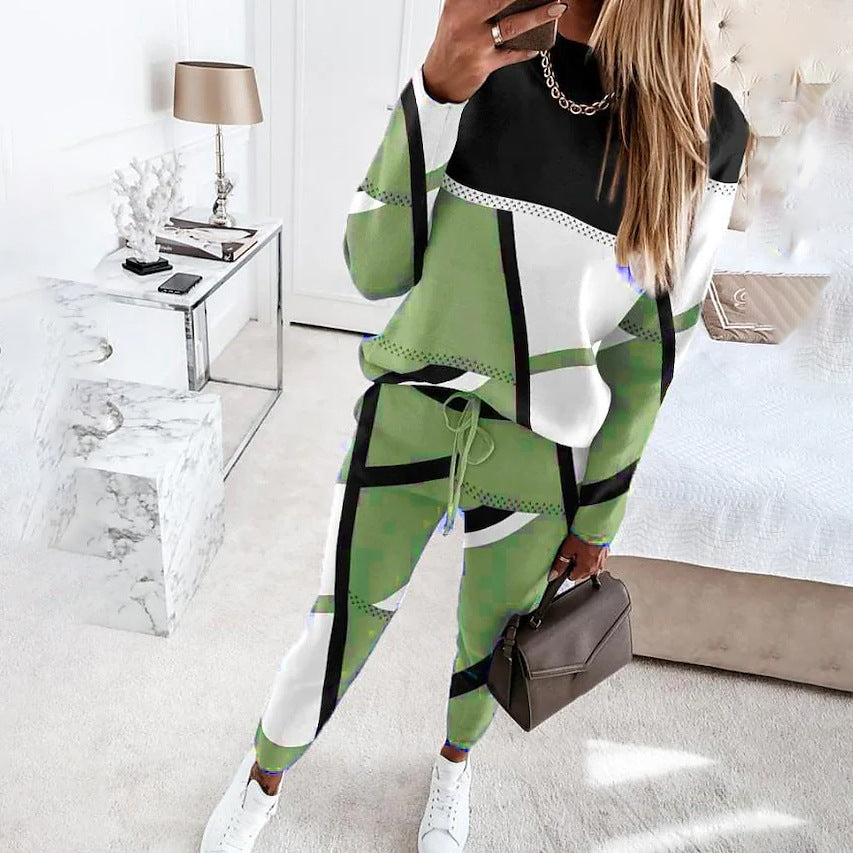 Women's Printing Color Contrast Long Sleeve Crew Suits