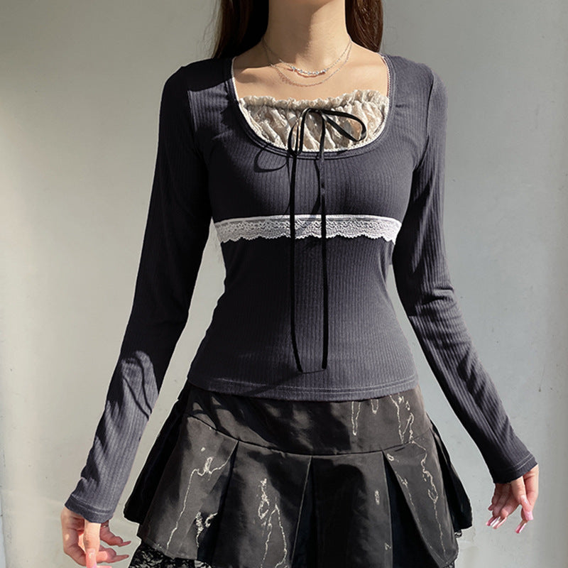 Women's Lace Stitching Fake Two-piece Sexy Low-cut Blouses