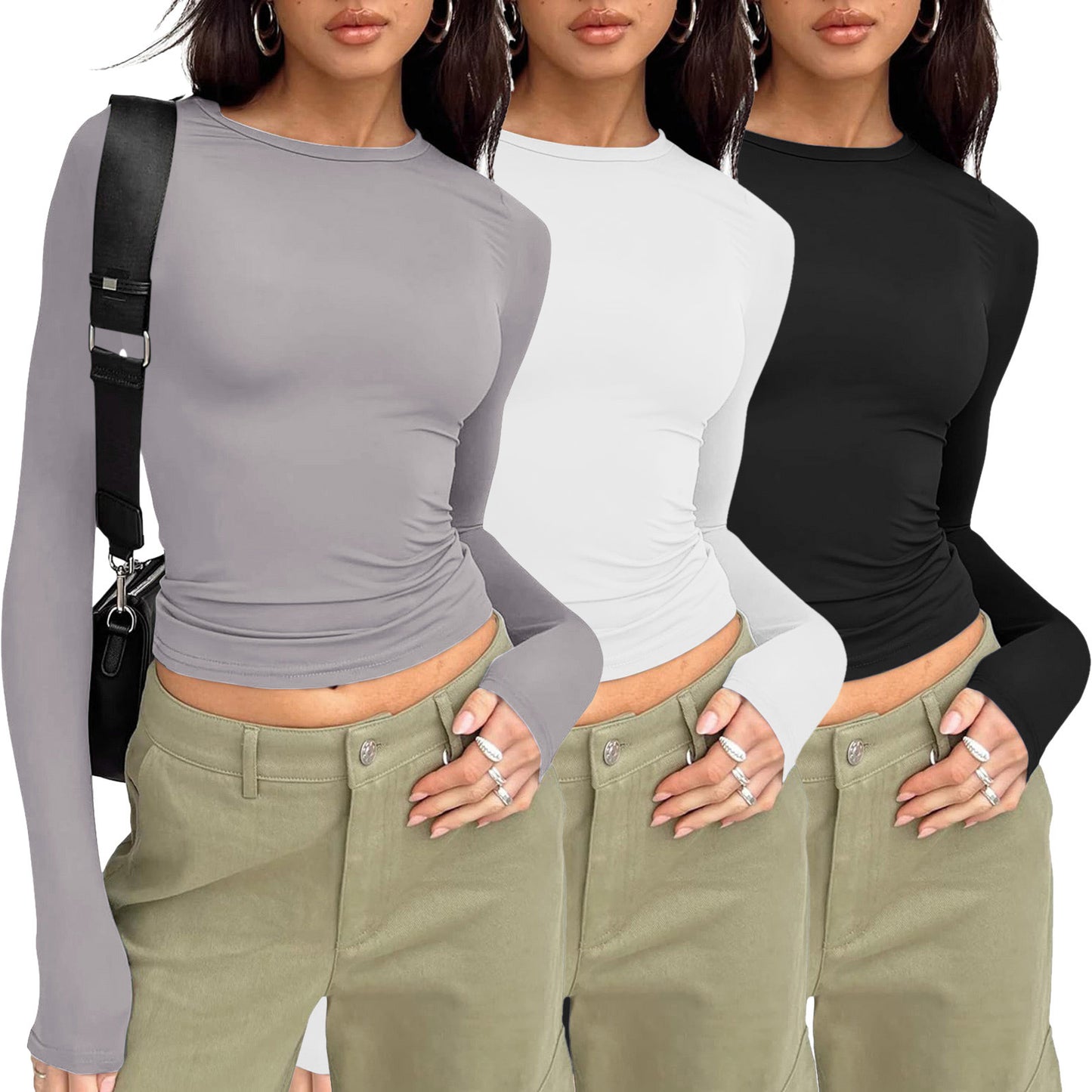 Women's Long-sleeved Solid Color Slim Pullover T-shirt Blouses