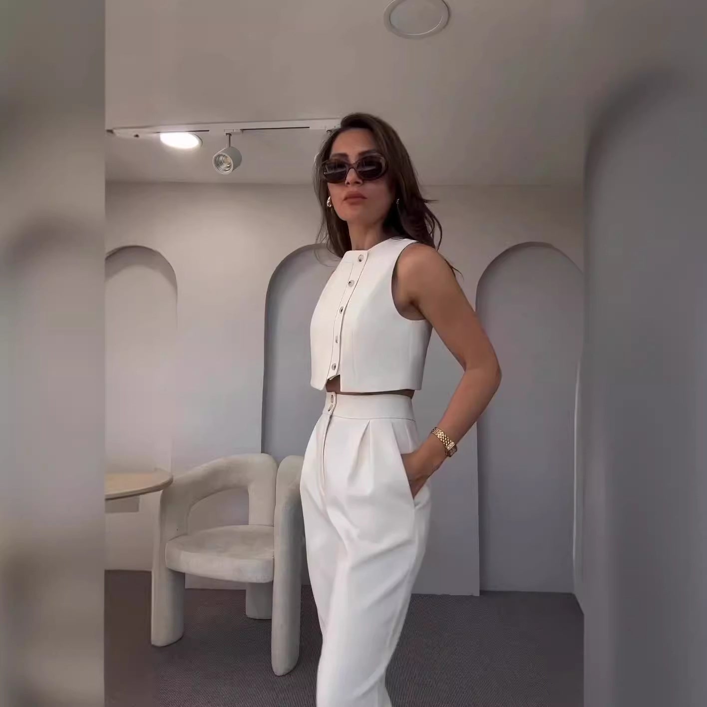Women's Fashion Sleeveless High Waist Cropped Two-piece Suits