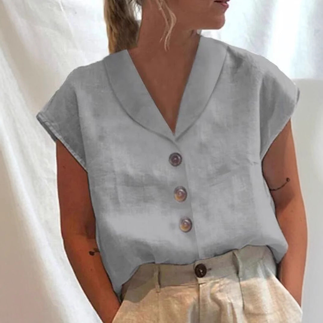 Women's Short-sleeved Solid Color Stand-up Collar Shirt Blouses