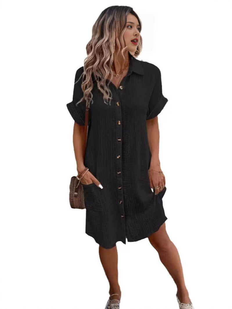 Women's Casual Solid Color Cotton Linen Breasted Mid-length Sleeve Clothing