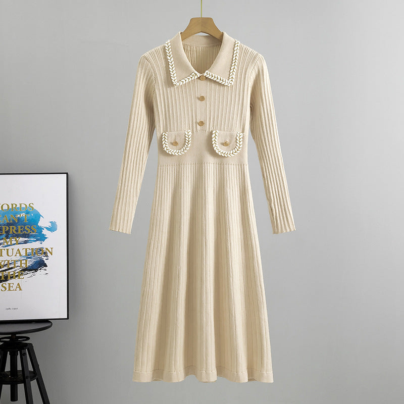 Women's French Style Classic Lapel Knitted Midi Spring Elegant Dress