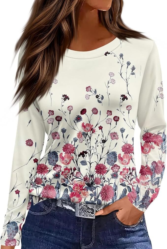 Women's Round Neck Printed Solid Color Long Blouses