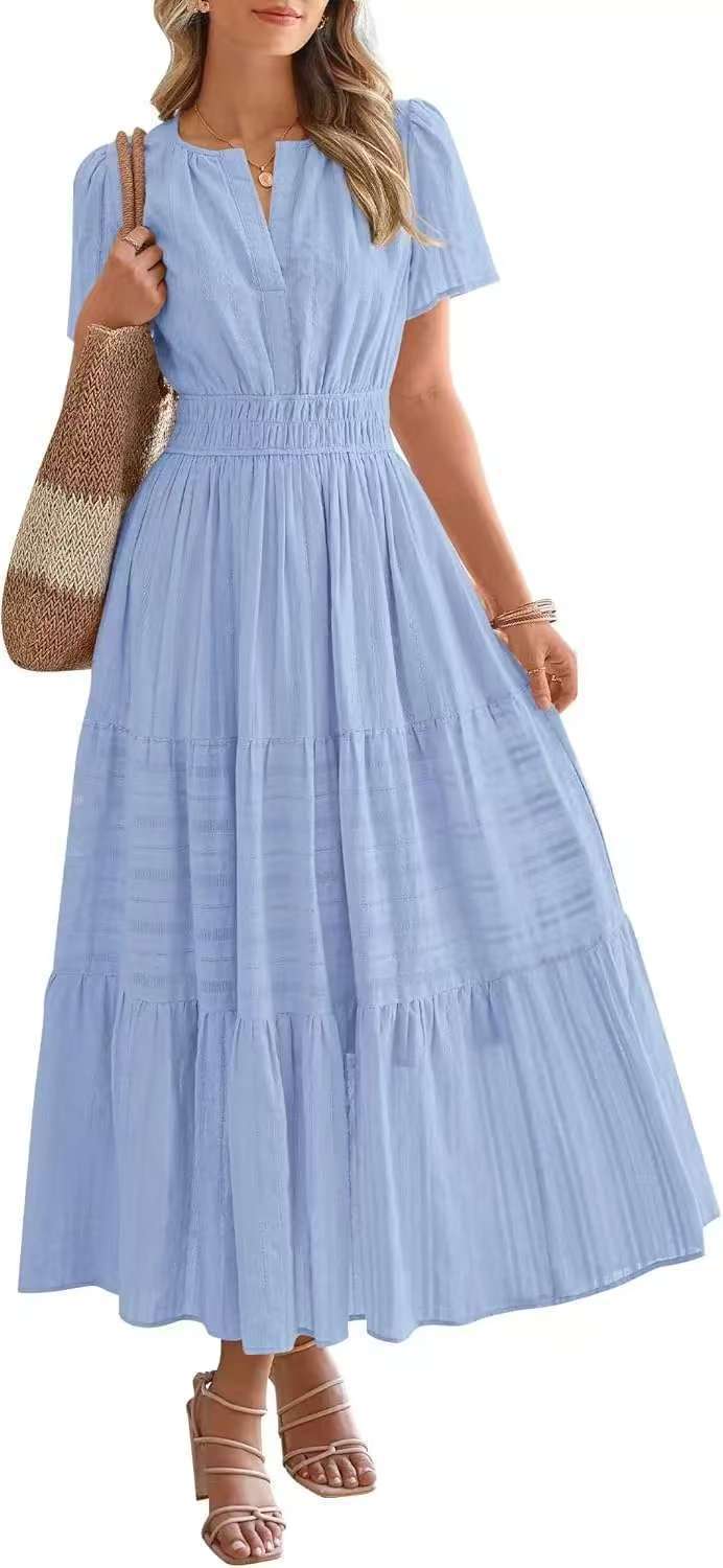 Women's Fashion Pleated Puff Sleeve Swing Dress Dresses