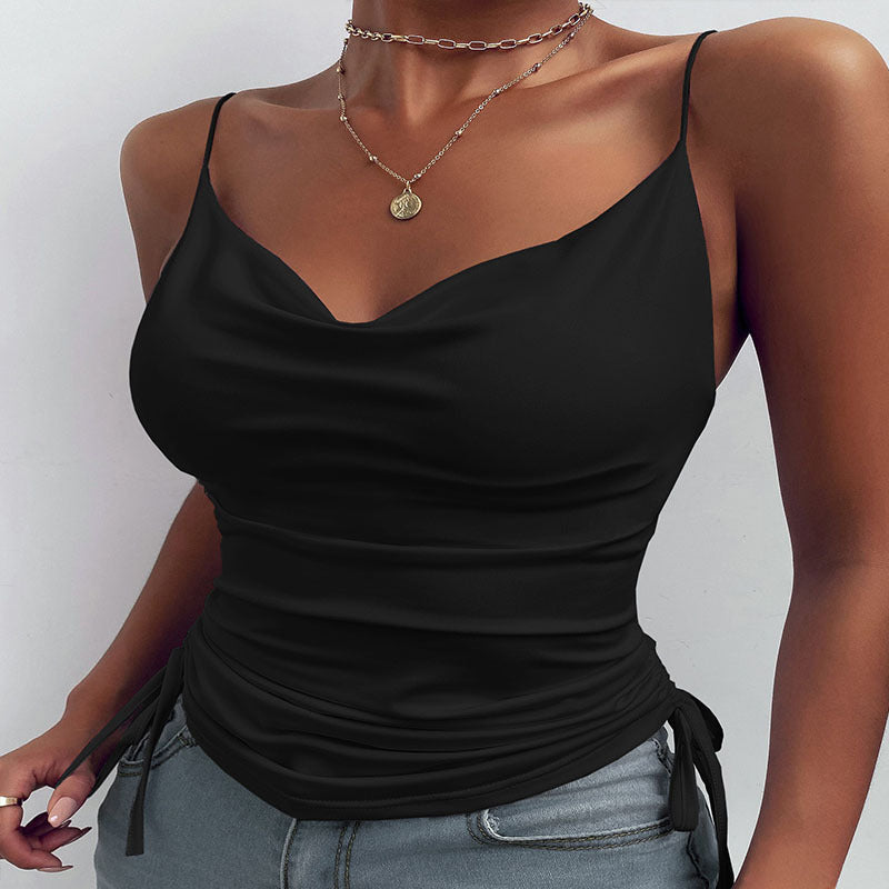 Women's Solid Color Deep Strap Tight Drawstring Tops