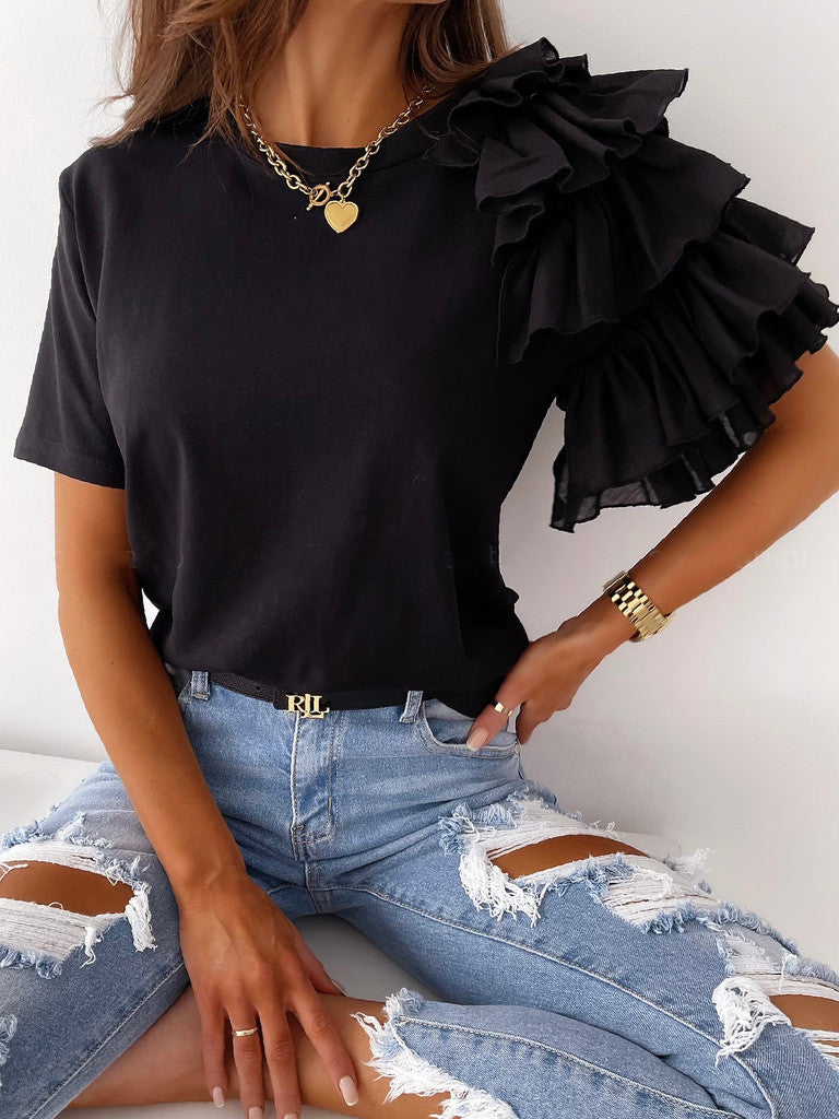 Women's Summer Simple Fashion Ruffles Sleeve Round Blouses