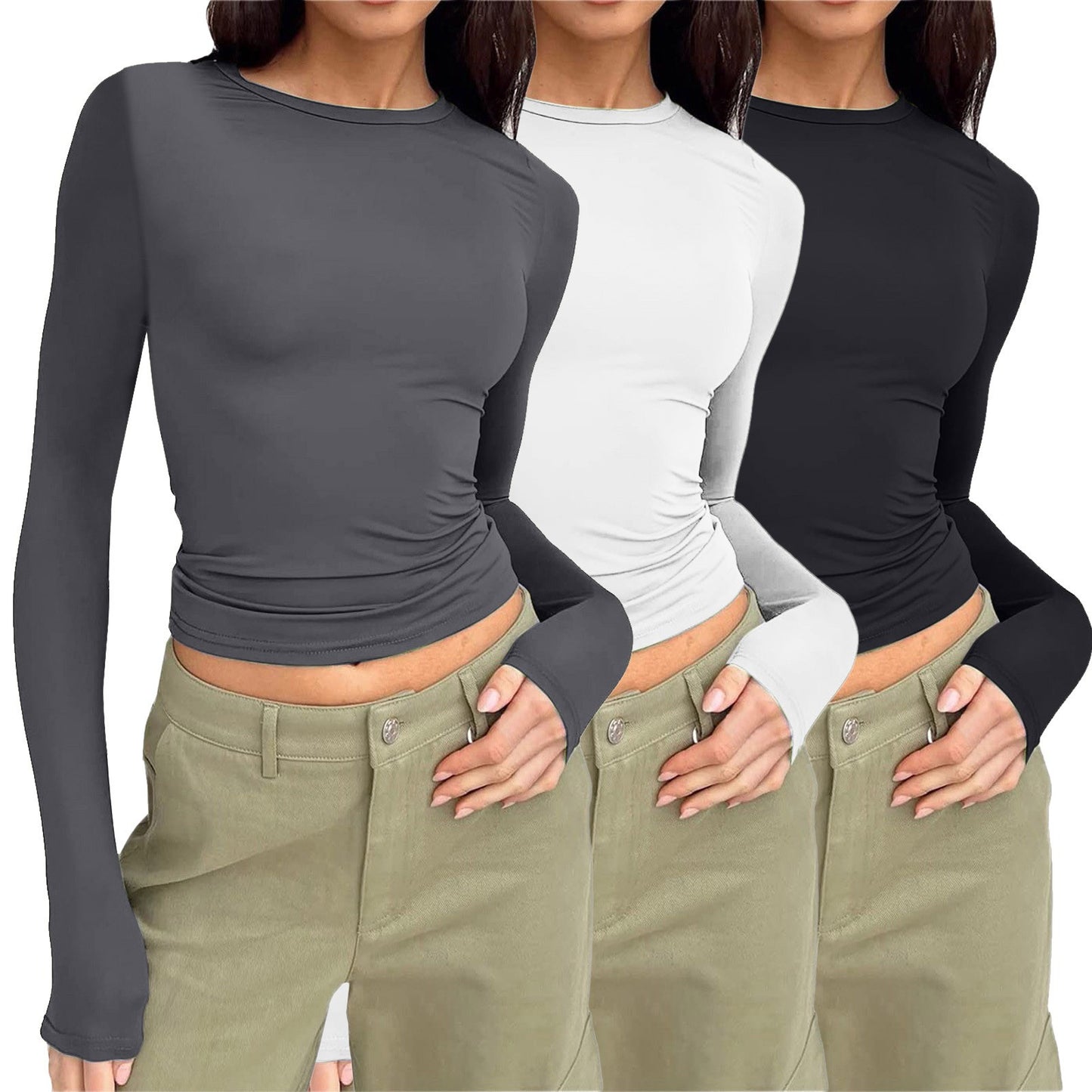 Women's Long-sleeved Solid Color Slim Pullover T-shirt Blouses