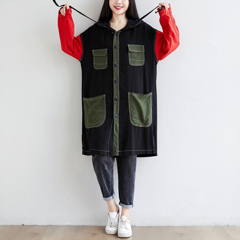 Personality Mid-length Hooded Loose Large Contrast Coats