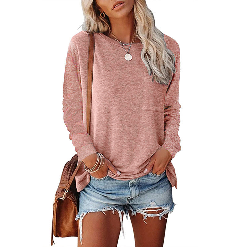 Women's Neck Pocket Split Long Sleeve Casual Tops