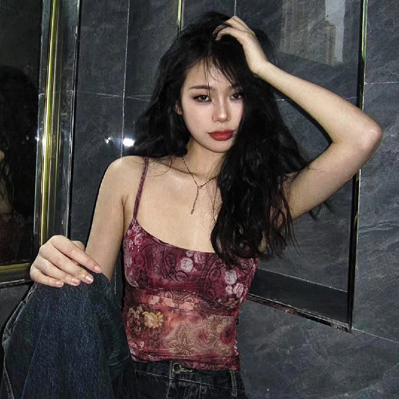 Retro Printed Mesh Hot Waist Trimming Tops