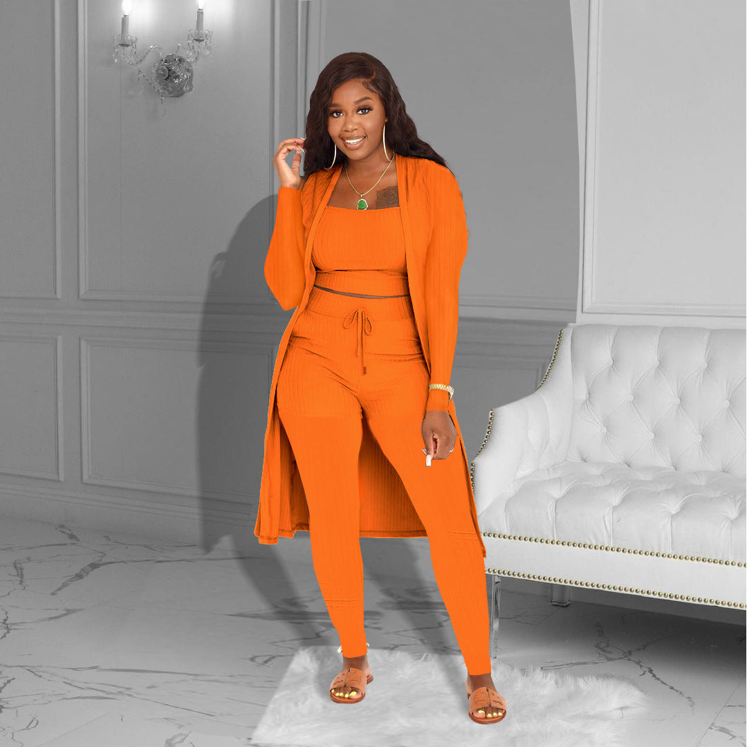 Women's Sunken Stripe Solid Color Three-piece Clothing