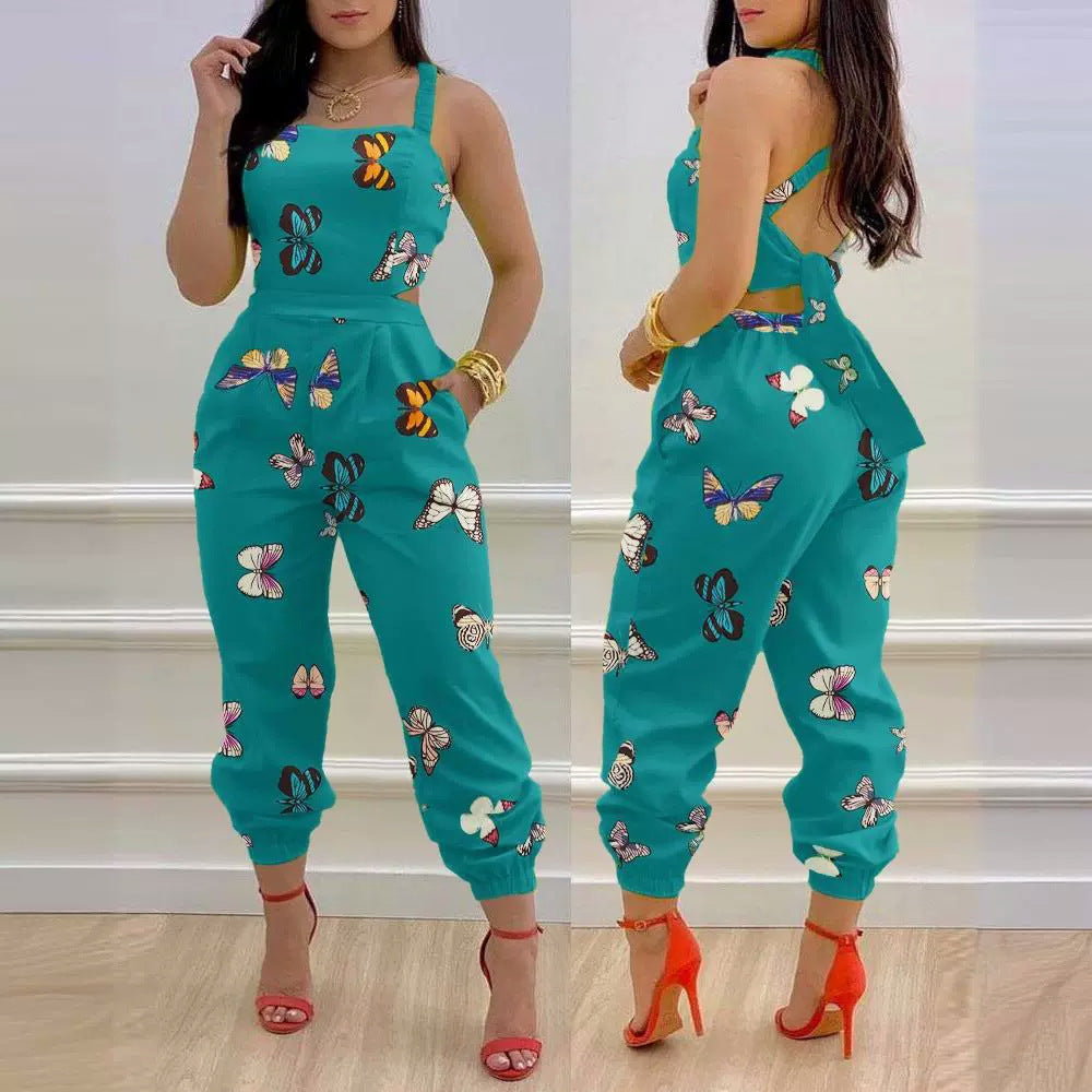 Women's Sling Backless Bow Printed High Waist Jumpsuits