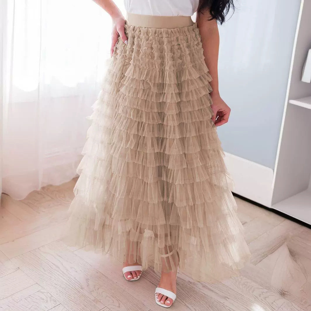 Women's Solid Color High Waist Mesh A- Line Skirts
