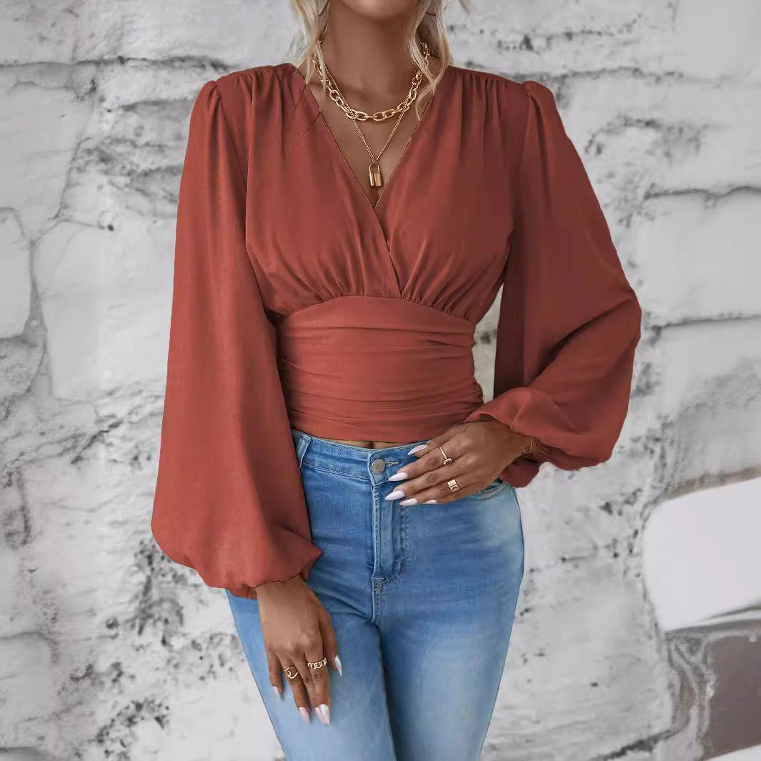 Women's Fashion Tight Waist Sleeve Solid Color Blouses