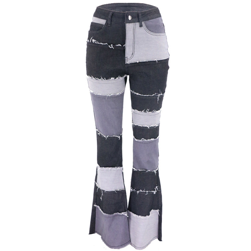 Women's Autumn Fashion Color Contrast Patchwork High Waist Jeans