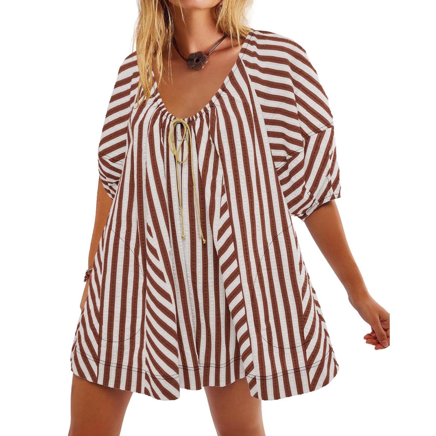 Women's Summer Short-sleeved Striped Shirt Slimming Casual Jumpsuits
