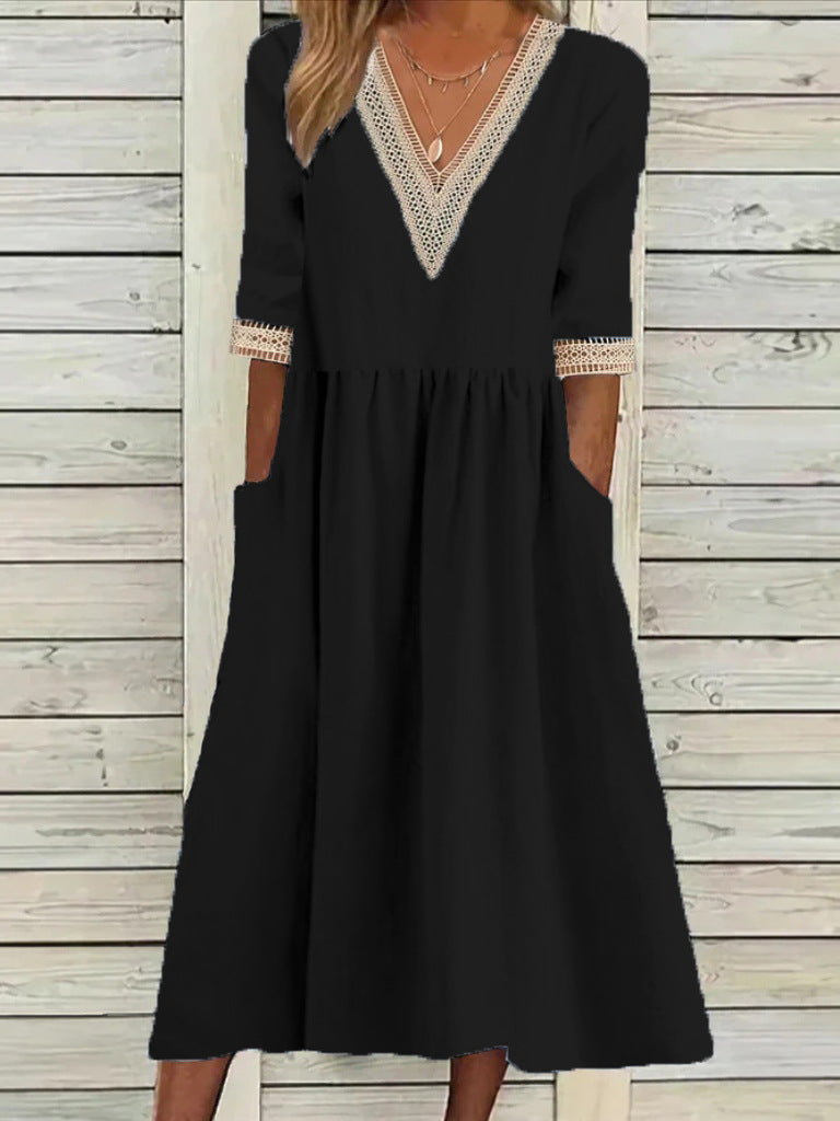 Women's Loose Cotton Linen Lace Collar Half Dresses