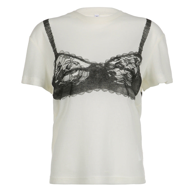 Design Contrast Color Lace Corset Printed T-shirt Blouses