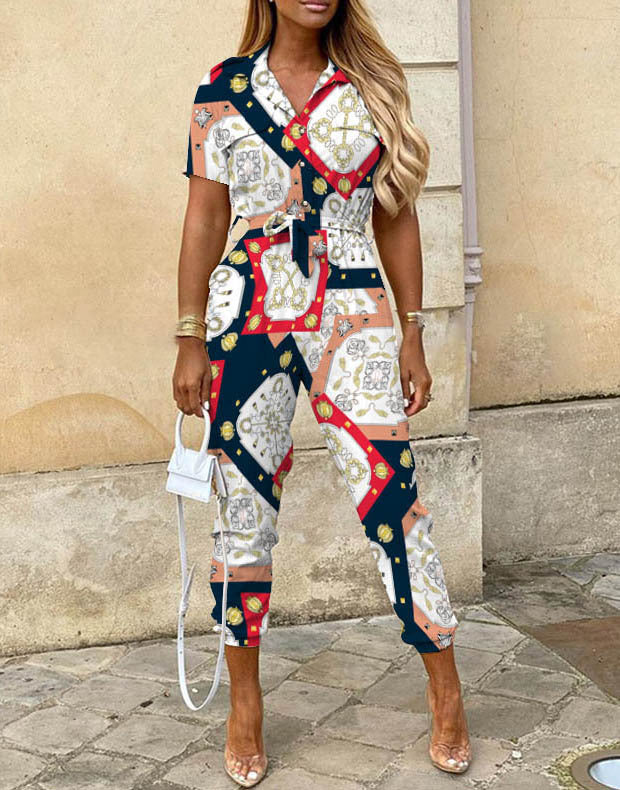 Women's Trousers Casual Lapel Button Printed Belt Pants