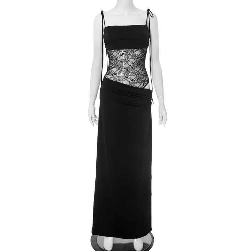 Women's Lace Splicing Sling Rope Midriff Outfit Dresses