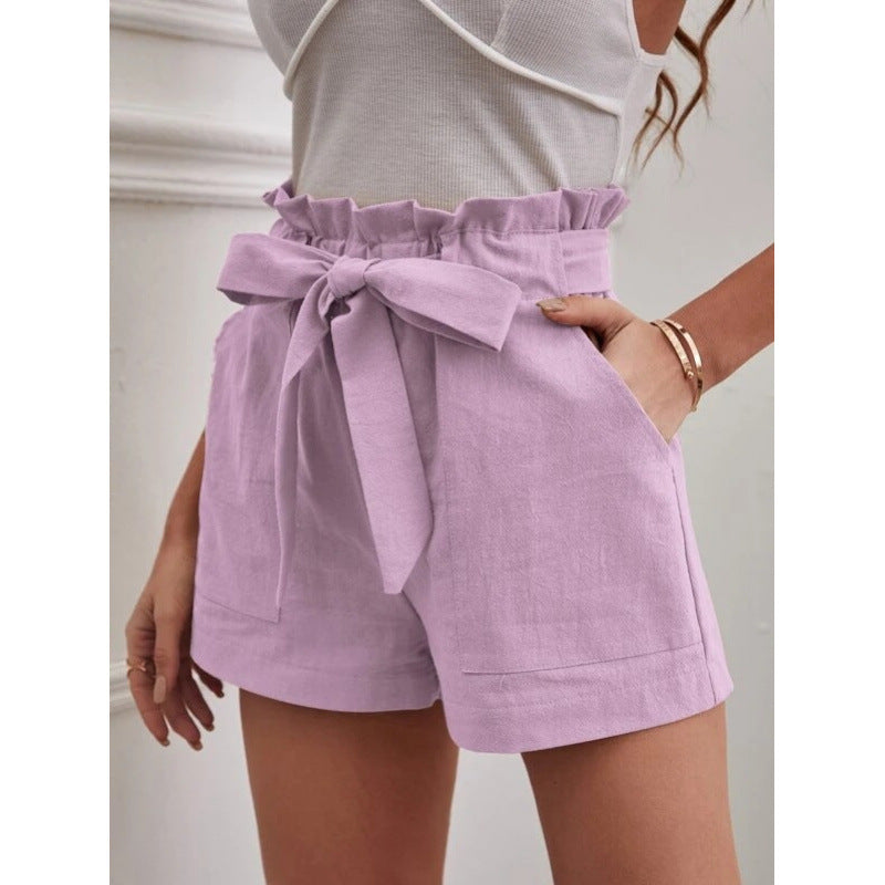 Women's Linen Leisure Pocket Solid Color Waist Shorts