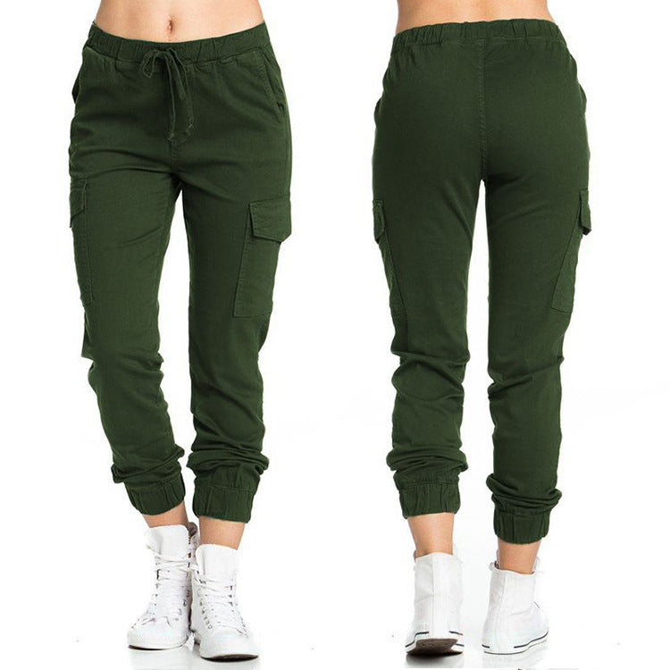 Women's Elastic Waist Thin Rope Side Pocket Pants
